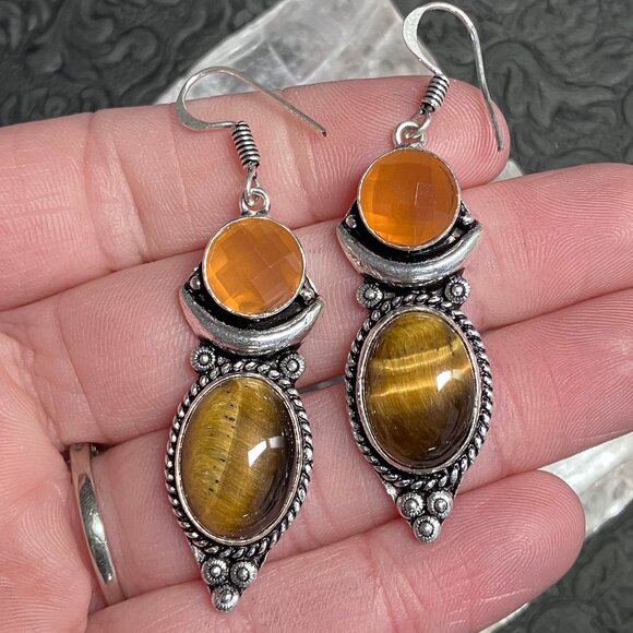 Tigers Eye and Carnelian Crescent Moon Earrings Crystal Stone Jewelry - Picture 1 of 6